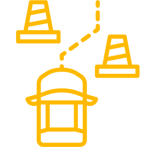 Traffic management icon featuring a traffic cone and a safety hat, symbolizing training for TC1/TMI1 and TC2/TMI2 courses at One Stop Training Solutions.