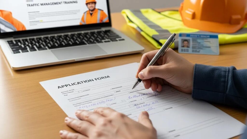 How to Enroll in TMI 1 Course in Adelaide 1 Person completing an application form for traffic management training