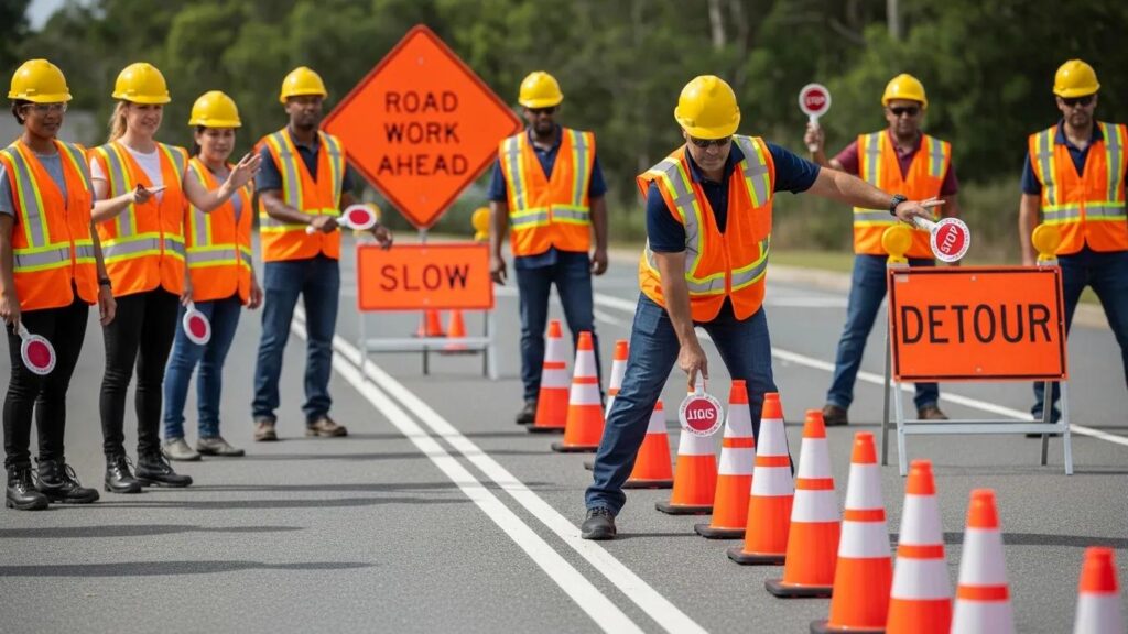 Group of diverse individuals in safety gear engaged in traffic management training outdoors