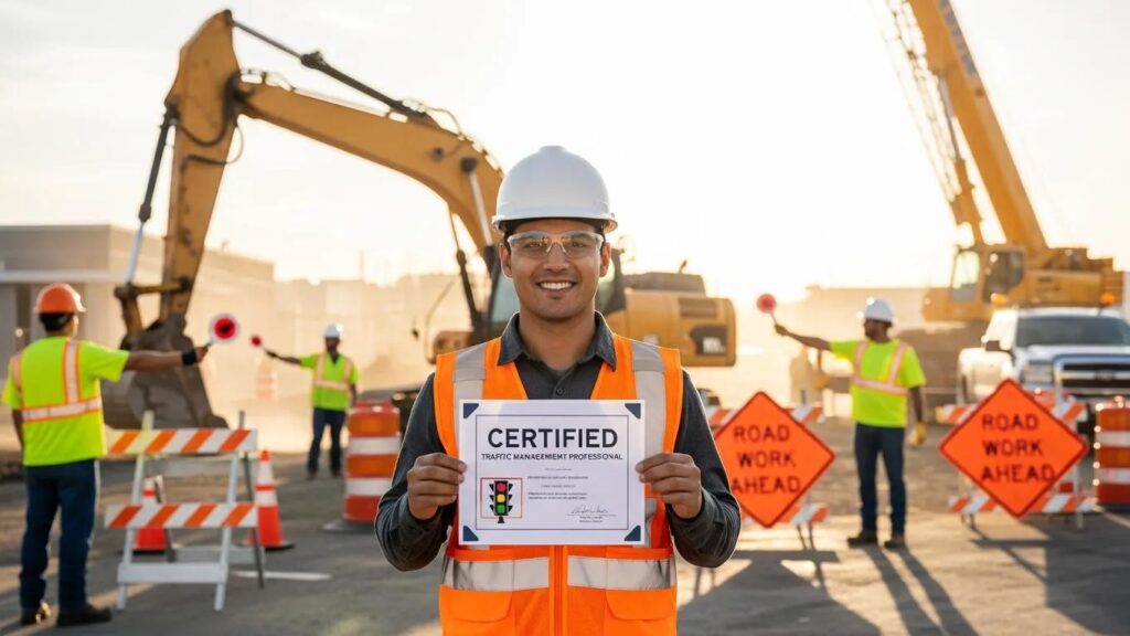 Traffic Control Training Courses Explained for Beginners 2 Newly certified traffic controller holding their certificate at a construction site