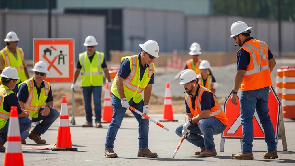 Traffic control training session with participants in high-visibility gear managing traffic safely