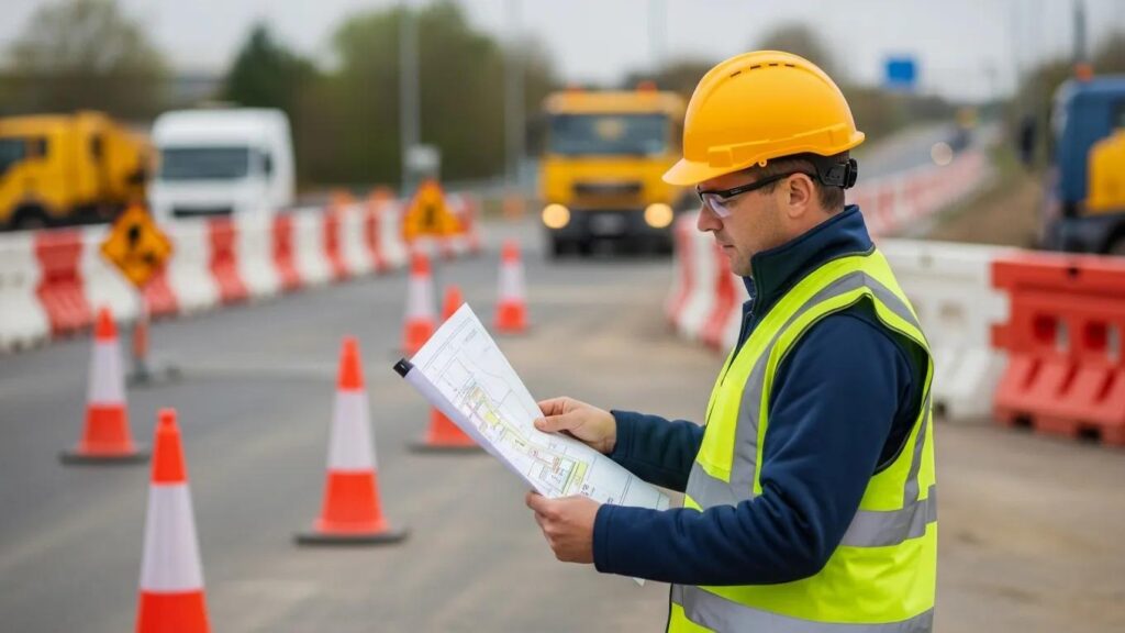 Traffic Control Training Courses Explained for Beginners 1 Traffic controller reviewing a traffic management plan and checking safety equipment at a roadworks site