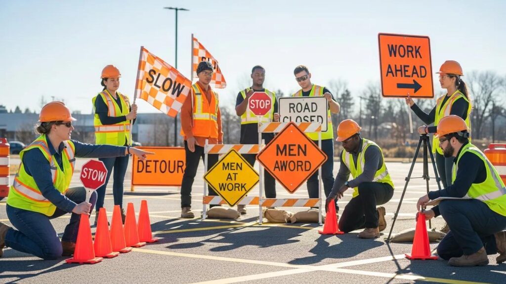 Traffic control training session with diverse participants and safety gear