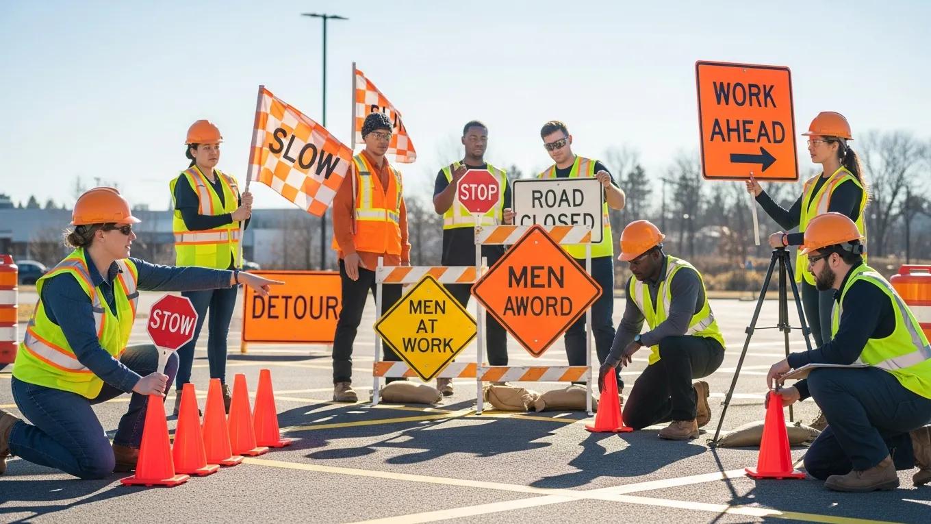 Traffic control training session with diverse participants and safety gear